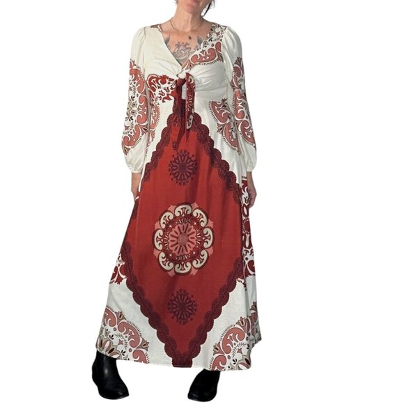 Marfinno Linen Medallion Maxi Dress Long Sleeve Cream Orange Medium - Picture 3 of 16